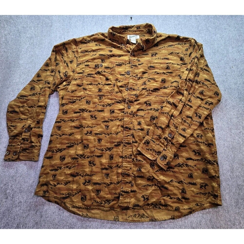 Duluth Trading Co Shirt Brown Bear Print Flannel Relaxed Fit EUC Men’s 2X Large